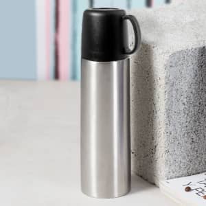 A drink bottle with a stainless steel body and a black plastic lid, featuring a handle for easy carrying.