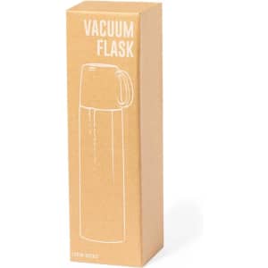 A drink bottle in a cardboard box, featuring a clear vacuum flask design with a lid and a logo.