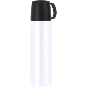 A drink bottle featuring a sleek white body and a black lid, complete with a handle, ideal for beverages.
