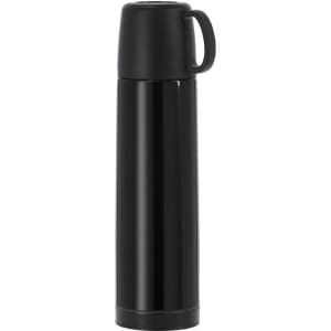 A drink bottle in sleek black with a handle and a solid design, featuring a logo. Ideal for beverages.