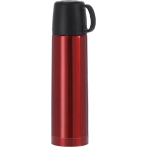 A drink bottle with a shiny red exterior and a black lid, featuring a handle and a logo.