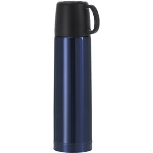A drink bottle in dark blue with a black lid and handle, featuring a simple design and a logo.