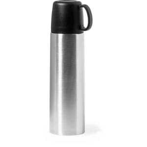 A drink bottle with a sleek silver stainless steel body and a black screw-on lid and handle. It features a logo.