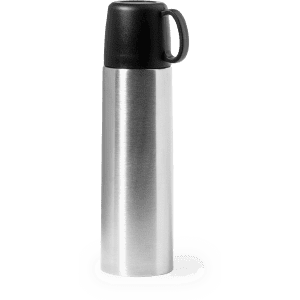 A drink bottle with a sleek silver stainless steel body and a black lid, featuring a handle for easy carrying.