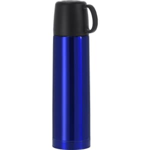 A drink bottle in a shiny blue finish with a black plastic lid and handle, featuring a logo on the side.