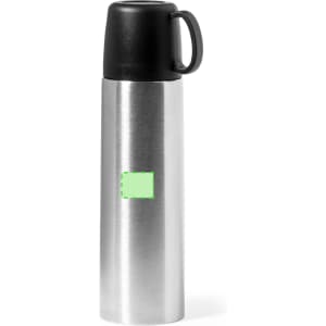 A drink bottle with a stainless steel body and a black lid, featuring a logo on the side.