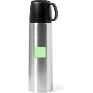 A drink bottle with a sleek silver body and a black lid. It features a logo on the side.