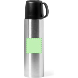 A drink bottle with a stainless steel body, a black lid, and a blank area for custom branding.