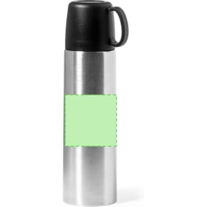 A drink bottle featuring a sleek stainless steel design with a black lid and a blank green label.