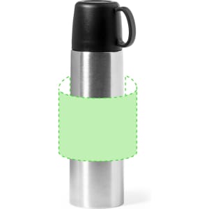 A drink bottle featuring a stainless steel body with a black lid and handle, complete with a logo.