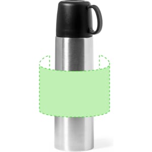 A drink bottle featuring a stainless steel body with a black lid and handle, showcasing a logo.