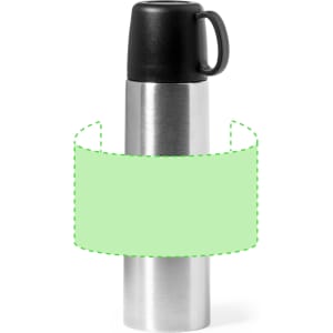 A stainless steel vacuum flask with a black lid and a branding logo on it.
