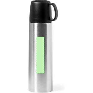 A drink bottle featuring a stainless steel body with a black lid and a green accent area. It has a logo.