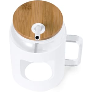A drink bottle with a clear body, bamboo lid, and a built-in drinking straw. Features a handle and a logo.