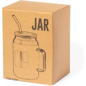 A drink bottle in a brown cardboard box, featuring a clear straw and handle, with a logo on the packaging.