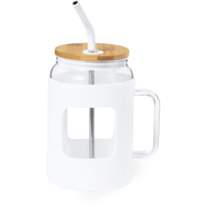 A drink bottle with a clear body, white silicone sleeve, bamboo lid, and stainless steel straw.