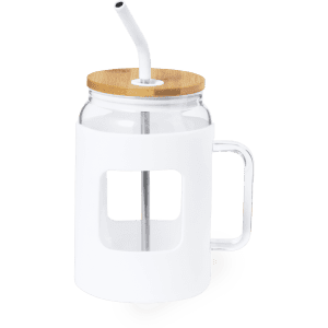 A drink bottle made of clear glass with a white silicone sleeve, wooden lid, and a metal straw.