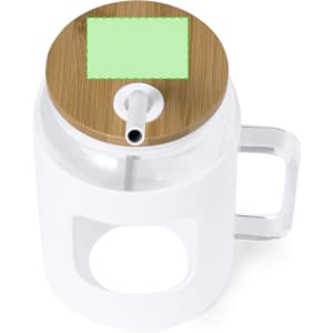 A drink bottle made of clear plastic with a white body and a bamboo lid, featuring a drinking straw.
