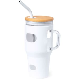 A drink bottle with a white body, a bamboo lid, and a straw, featuring a handle for easy holding.