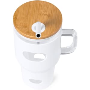 A drink bottle in white with a bamboo lid and a built-in drinking straw, featuring a transparent handle.