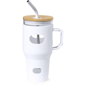 A drink bottle in white with a clear body, bamboo lid, and a straw. It features handles and two cut-out holes.