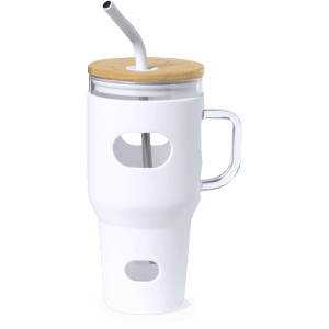 A drink bottle in white with a wooden lid, glass body, and a straw, featuring a handle and a logo.