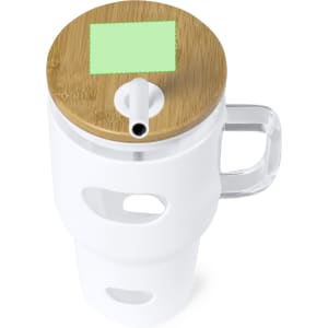 A drink bottle with a white body and a bamboo lid, featuring a straw and a decorative area on the lid.