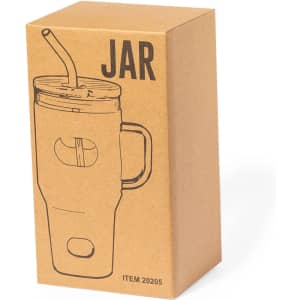 A drink bottle featuring an attached straw, packaged in a brown box with an illustration of the jar design.