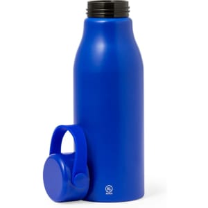 A drink bottle in a vibrant blue colour with a black screw-on lid and a detachable handle. It features branding.