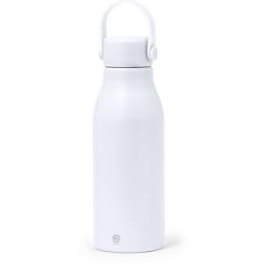 A drink bottle in sleek white, featuring a secure lid and a convenient handle. Includes branding on the base.