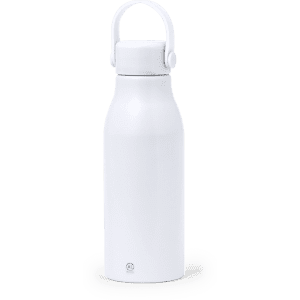 A drink bottle in sleek white design with a carrying handle and a logo on the bottom.