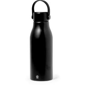 A drink bottle in sleek black with a handle, featuring a smooth finish and a branding logo.