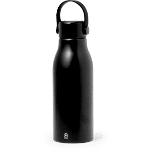 A drink bottle in sleek black design, featuring a wide mouth and a carry handle, with a logo on the front.