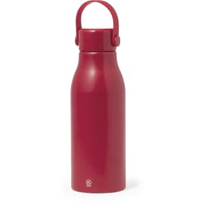A drink bottle in a deep red colour with a removable handle. Features a sleek, modern design and a logo.