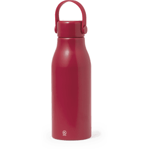 A drink bottle in a vibrant red colour, featuring a handle and a logo. Designed for easy carrying and hydration.