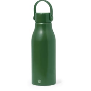 A drink bottle in a vibrant green colour with a handle and a sleek design. It features a branding logo.