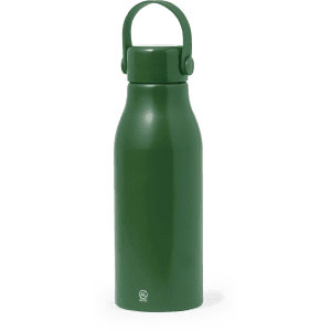 A drink bottle in a matte green finish with a handle and a sleek design, featuring a logo on the base.