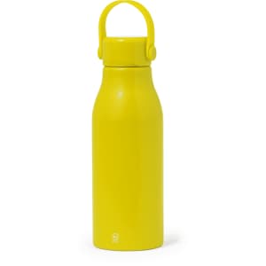 A drink bottle in bright yellow, featuring a carry handle and a smooth, sleek design. It has a logo on the base.