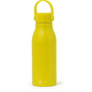 A yellow drink bottle with a handle and a smooth exterior. It features a logo on its body.