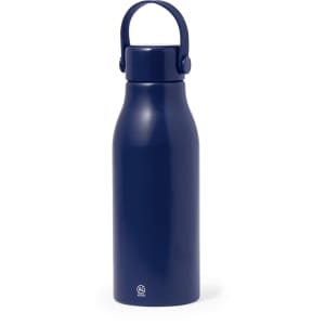 A drink bottle in navy blue with a handle, featuring a sleek design and a logo.
