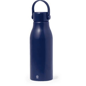 A drink bottle in navy blue with a handle and a logo. It features a sleek, modern design.