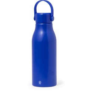 A drink bottle in bright blue with a handle and a logo at the base.