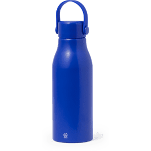 A blue drink bottle with a handle and a logo at the base. Features a sleek, modern design.