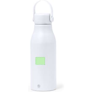 A drink bottle in white with a handle and a square area for branding or customization.
