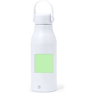 A drink bottle in white, featuring a handle and a blank green area for custom designs. It has a logo on the bottom.