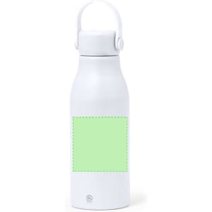 A drink bottle in white with a green blank area for customisation. It features a carrying handle and a logo.