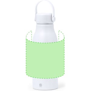 A drink bottle in white with a handle, featuring a placeholder for a logo or label in green.