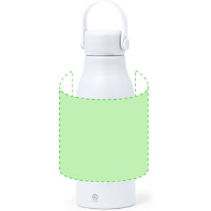 A drink bottle in white, featuring a handle and a logo, designed for hydration on the go.