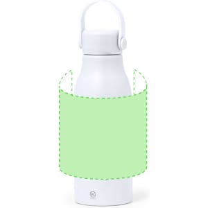 A drink bottle in white with a handle and a green sleeve design. It features a logo near the base.