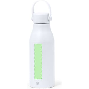 A drink bottle in white with a green section and a handle, featuring a logo.